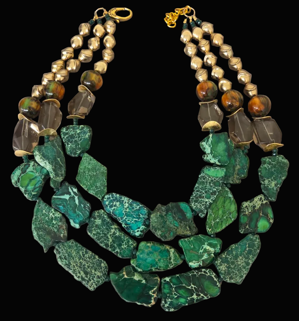 Green Sea Sediment Slab, Smoky Quartz & Brass Statement Chest Piece