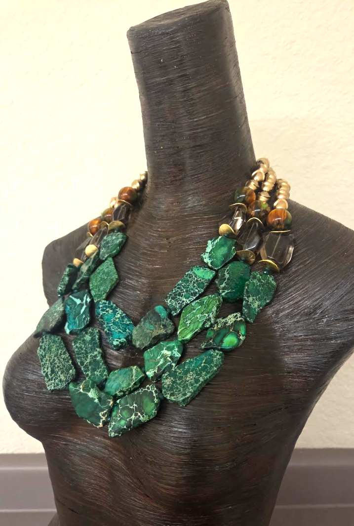 Green Sea Sediment Slab, Smoky Quartz & Brass Statement Chest Piece