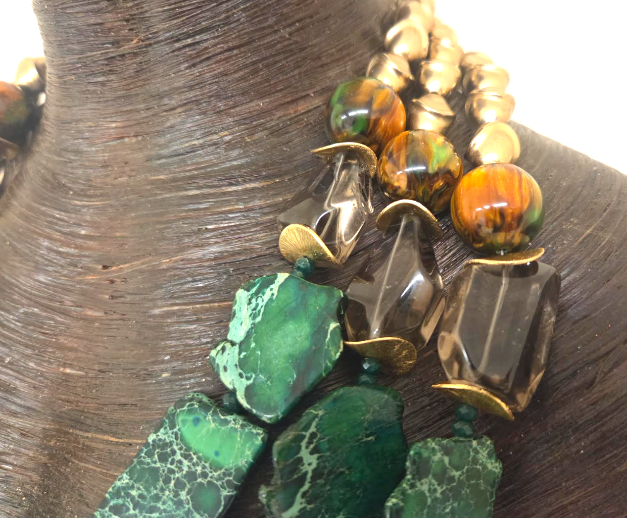 Green Sea Sediment Slab, Smoky Quartz & Brass Statement Chest Piece