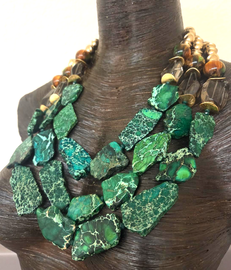 Green Sea Sediment Slab, Smoky Quartz & Brass Statement Chest Piece