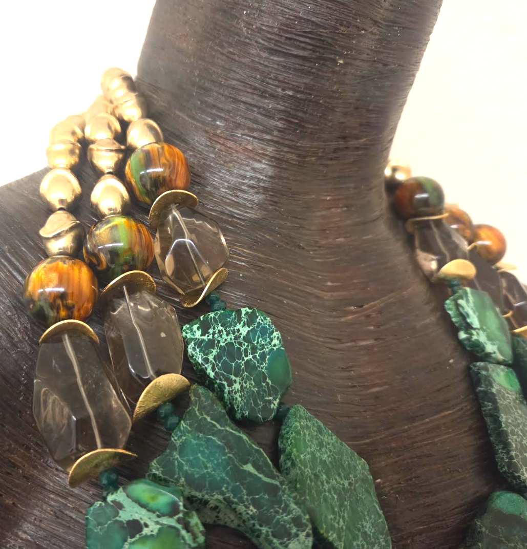Green Sea Sediment Slab, Smoky Quartz & Brass Statement Chest Piece