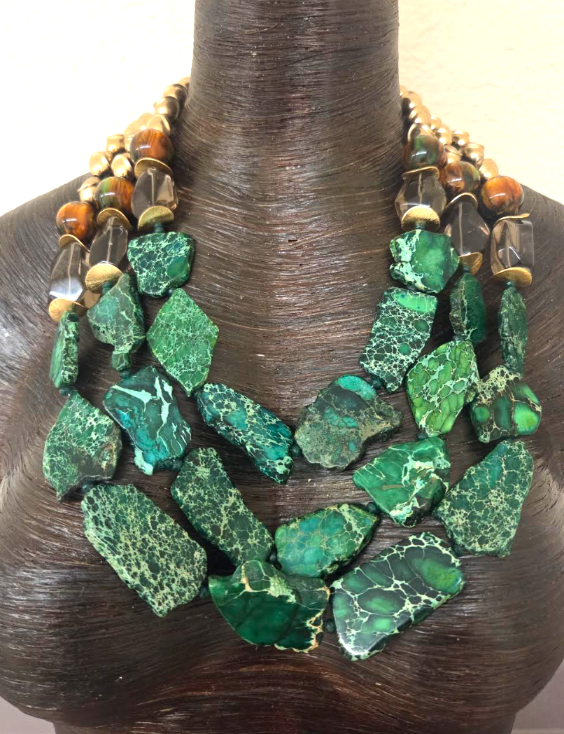 Green Sea Sediment Slab, Smoky Quartz & Brass Statement Chest Piece