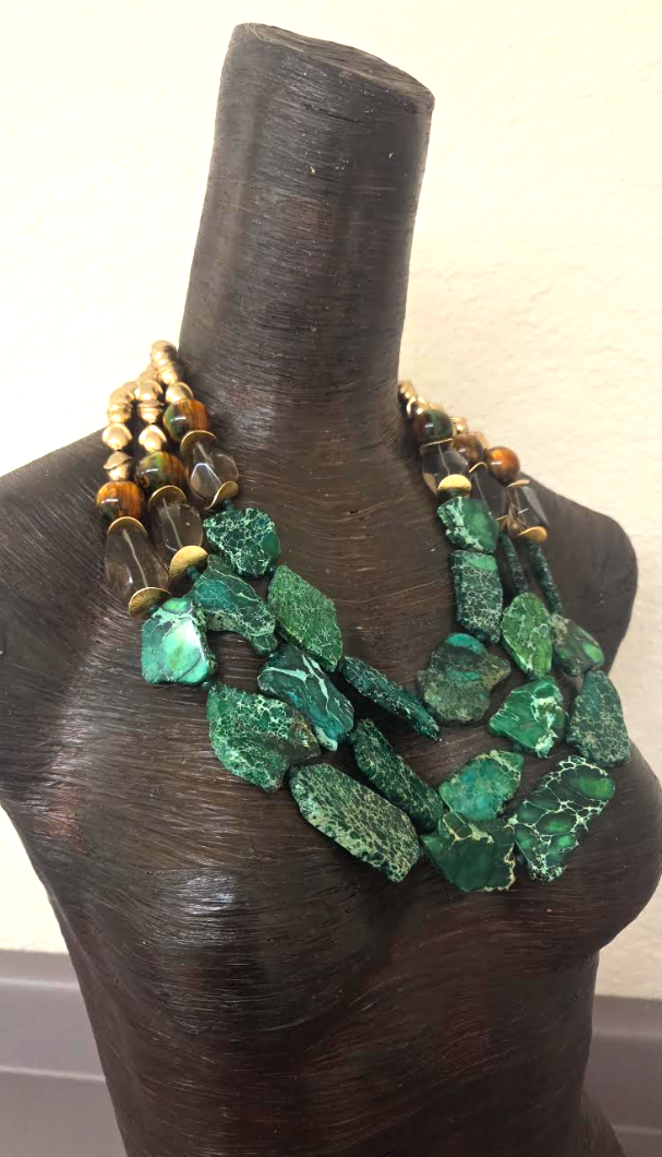 Green Sea Sediment Slab, Smoky Quartz & Brass Statement Chest Piece