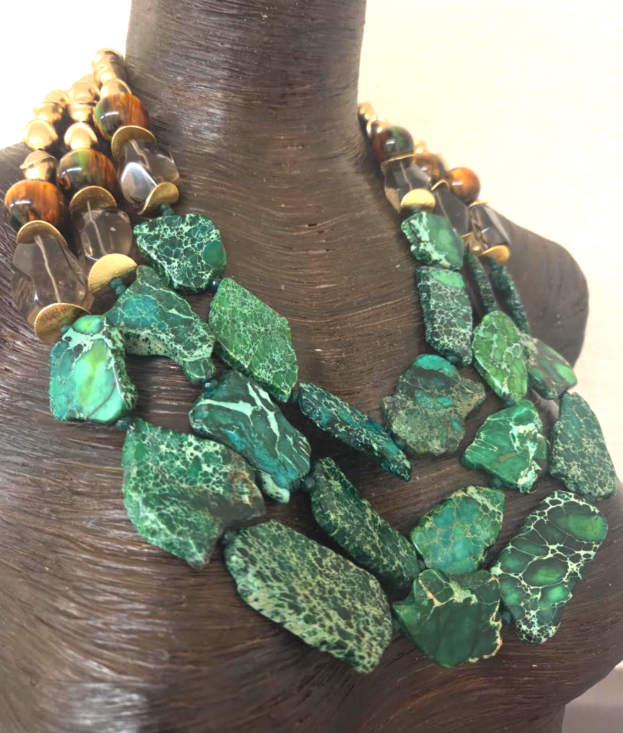 Green Sea Sediment Slab, Smoky Quartz & Brass Statement Chest Piece
