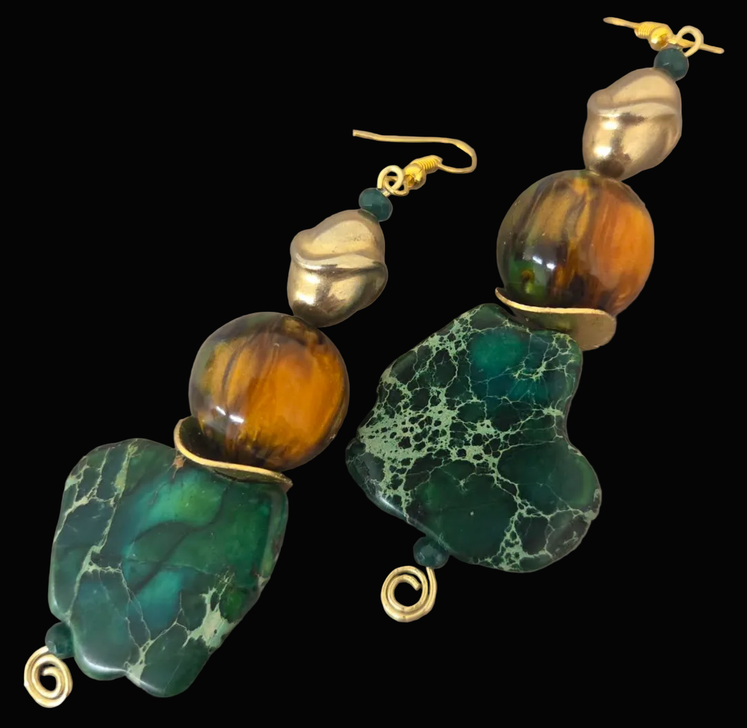 Green Resin Slab Beaded Dangle Pierced Earrings - Autumn Wardrobe