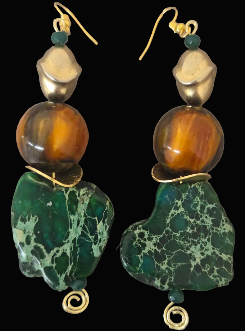 Green Resin Slab Beaded Dangle Pierced Earrings - Autumn Wardrobe