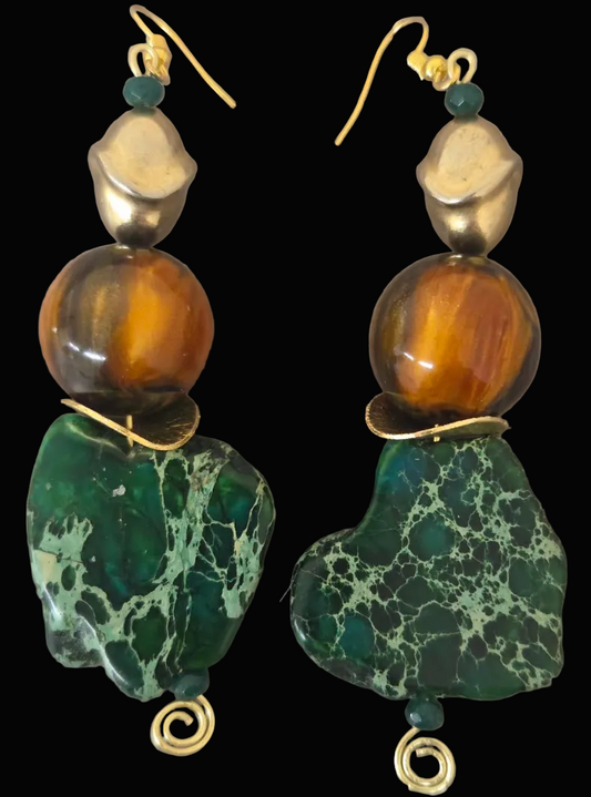 Green Resin Slab Beaded Dangle Pierced Earrings - Autumn Wardrobe