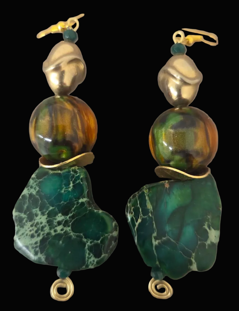 Green Resin Slab Beaded Dangle Pierced Earrings - Autumn Wardrobe