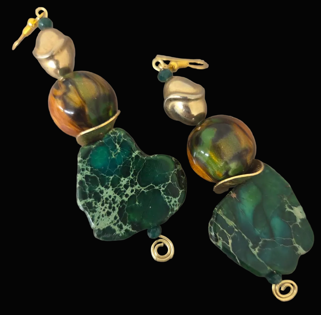 Green Resin Slab Beaded Dangle Pierced Earrings - Autumn Wardrobe