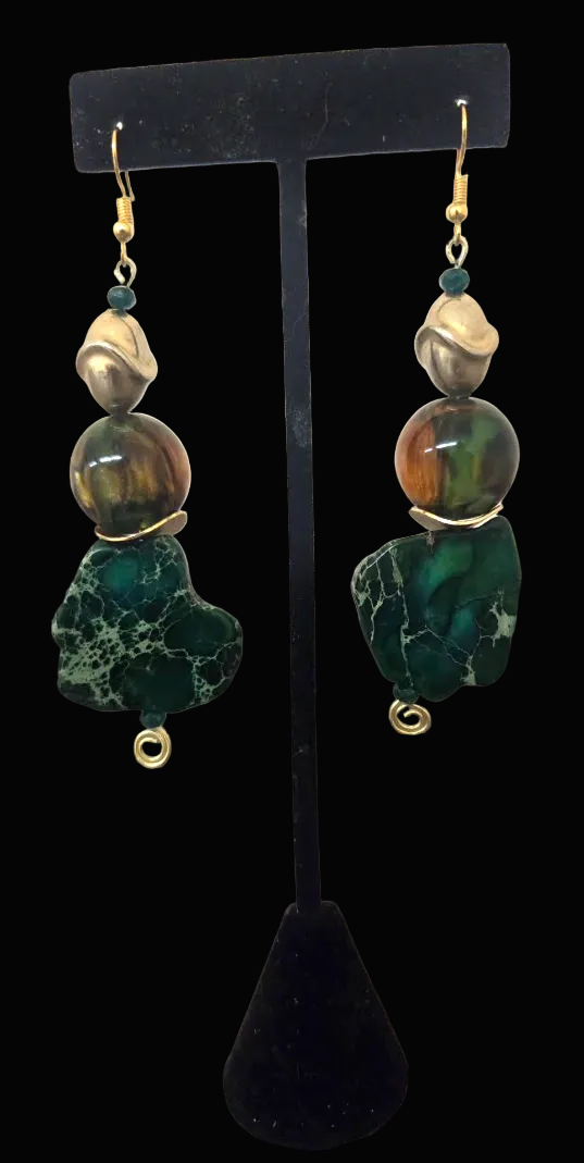 Green Resin Slab Beaded Dangle Pierced Earrings - Autumn Wardrobe