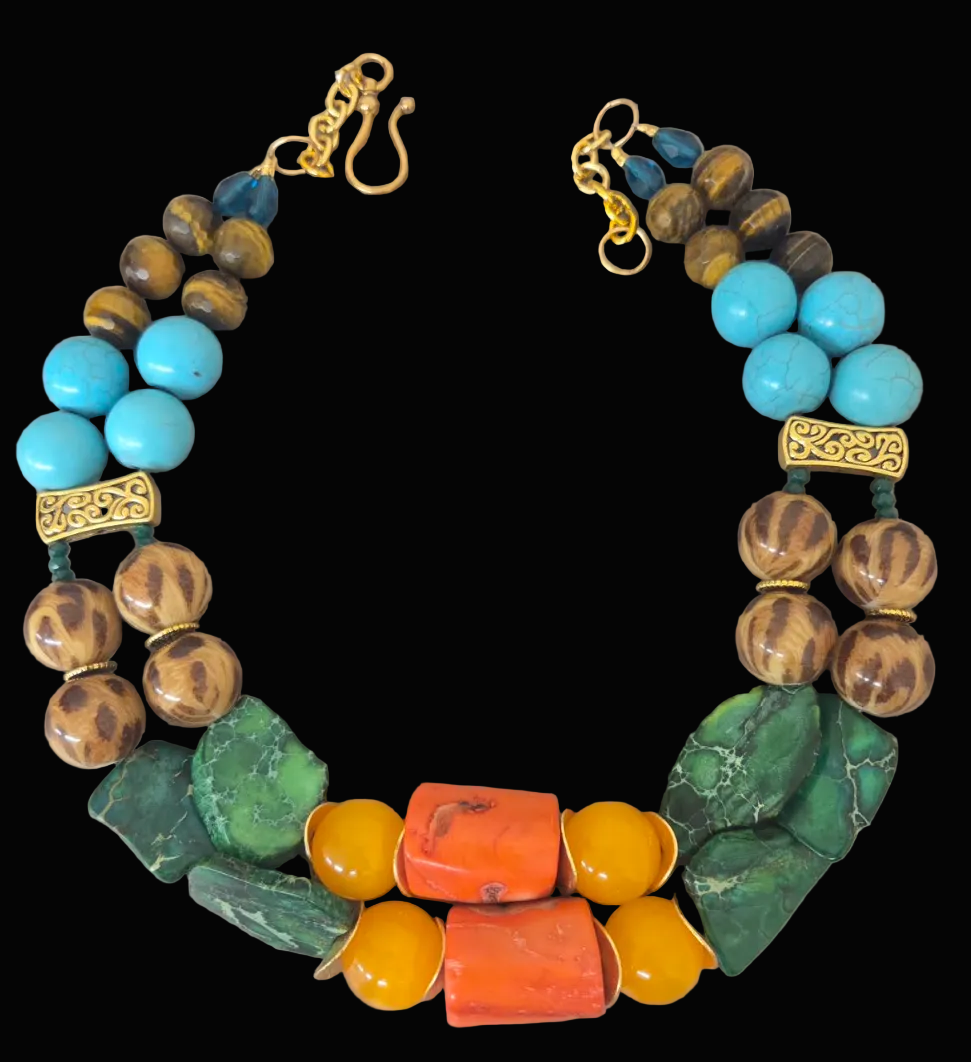 Colorful Mixed Media Beaded Two Strand Statement Necklace - Business