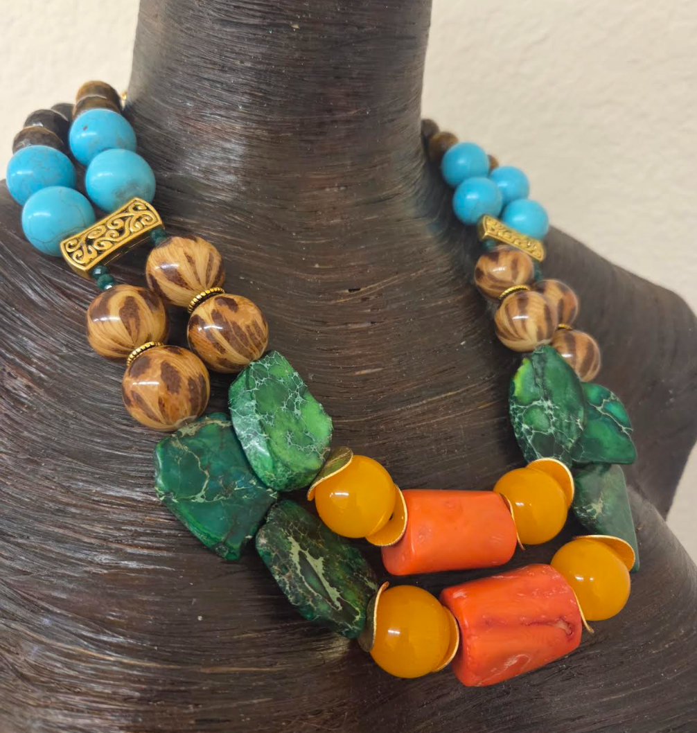 Colorful Mixed Media Beaded Two Strand Statement Necklace - Business