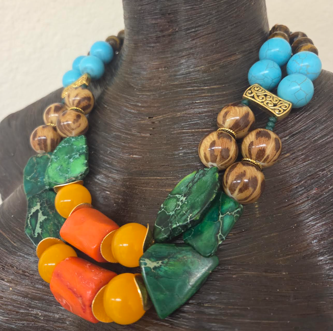 Colorful Mixed Media Beaded Two Strand Statement Necklace - Business