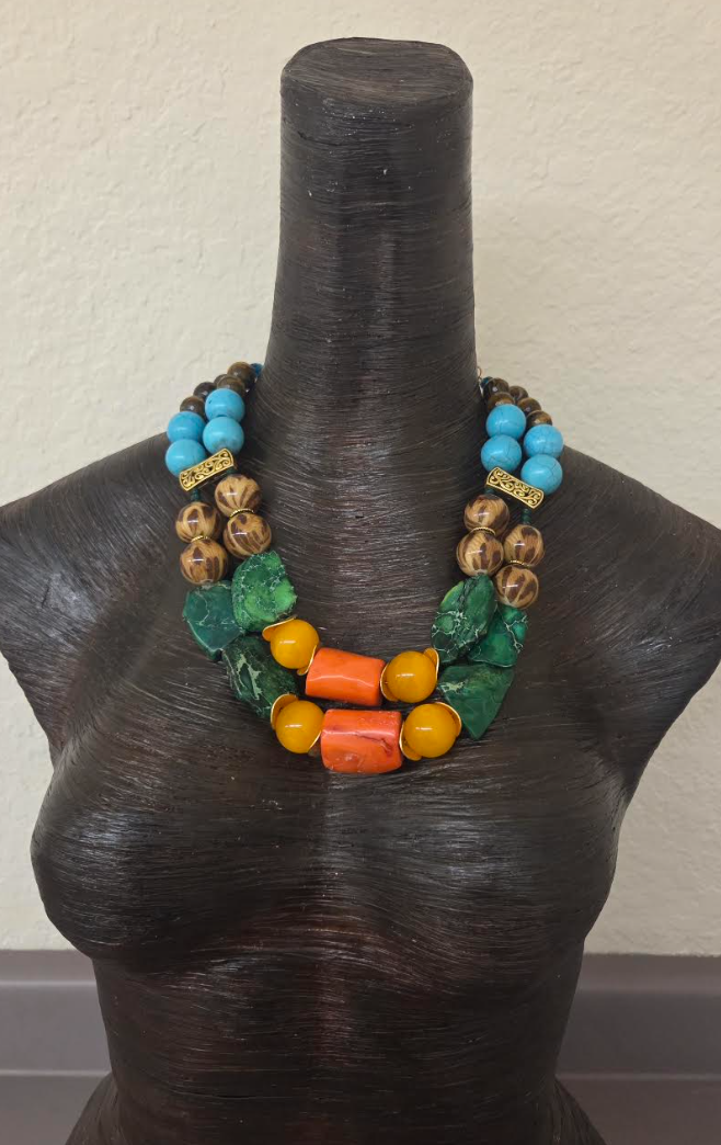 Colorful Mixed Media Beaded Two Strand Statement Necklace - Business