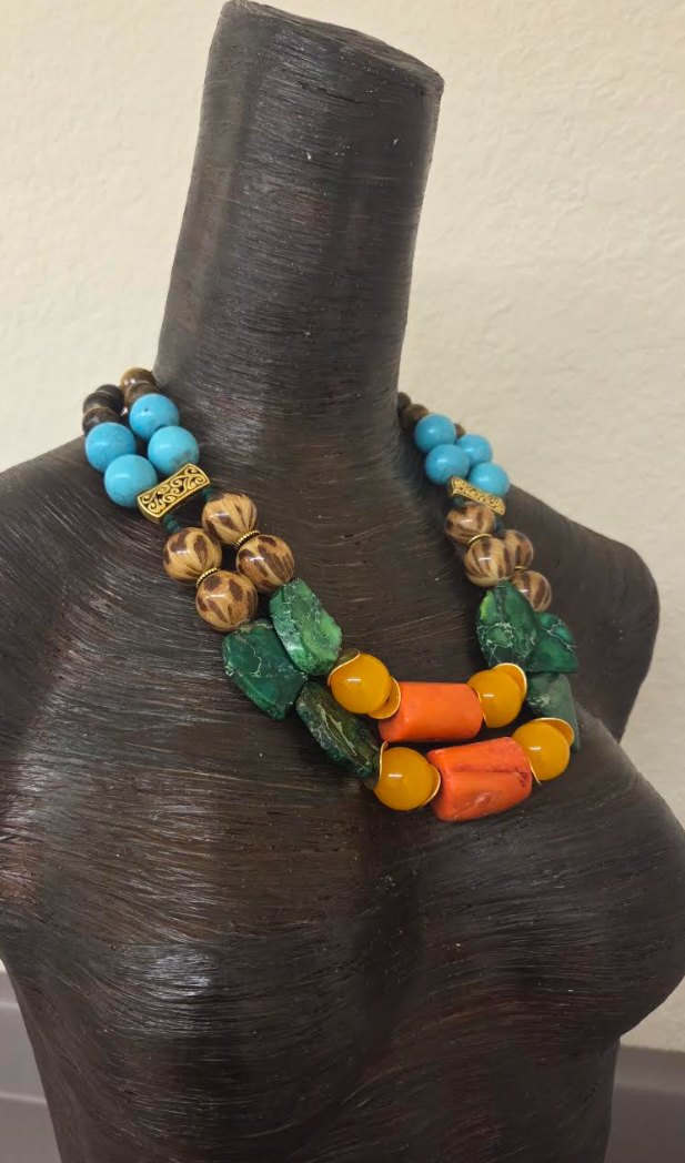 Colorful Mixed Media Beaded Two Strand Statement Necklace - Business
