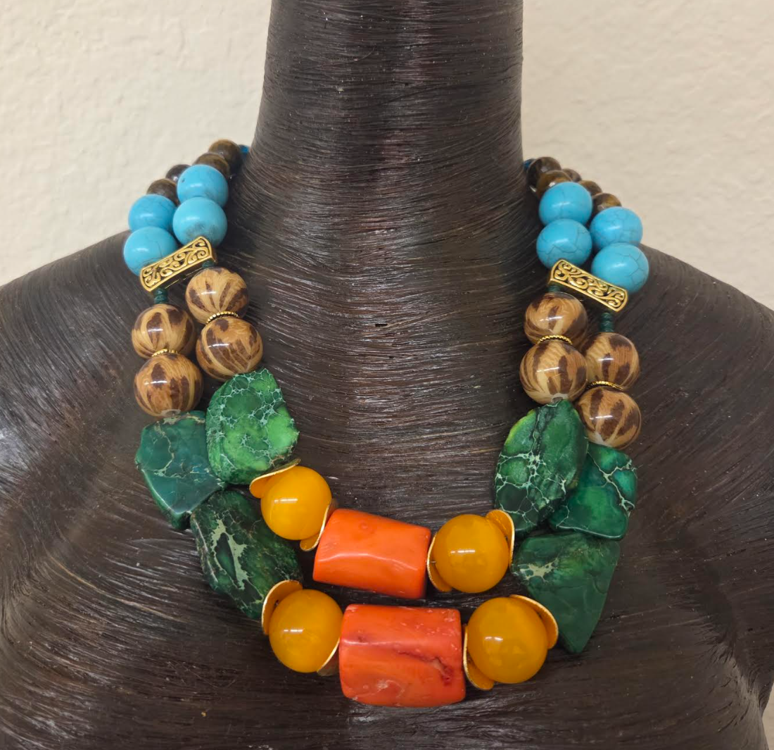 Colorful Mixed Media Beaded Two Strand Statement Necklace - Business