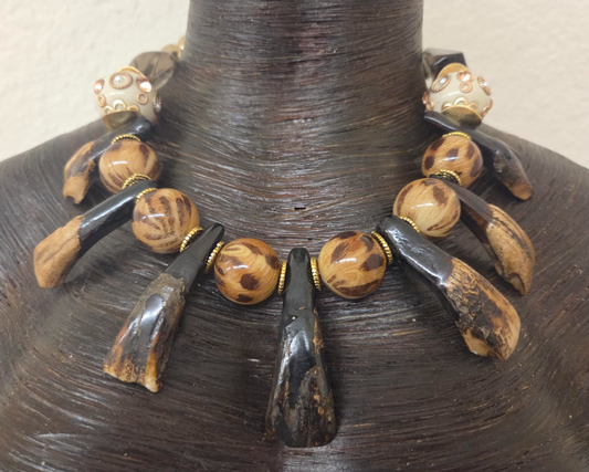 Leopard & Stained Buffalo Incisor Teeth Tribal Necklace - Androgynous