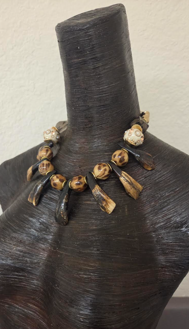 Leopard & Stained Buffalo Incisor Teeth Tribal Necklace - Androgynous