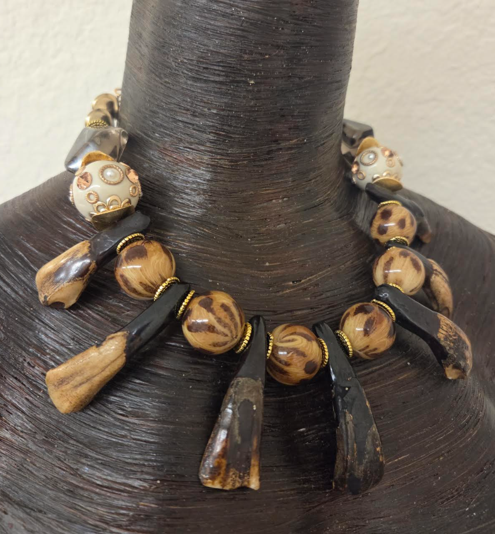 Leopard & Stained Buffalo Incisor Teeth Tribal Necklace - Androgynous