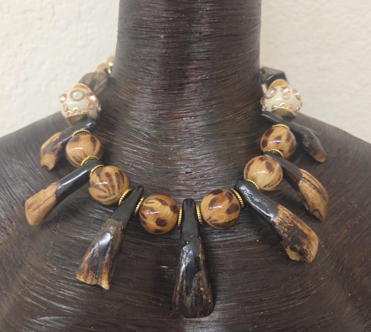 Leopard & Stained Buffalo Incisor Teeth Tribal Necklace - Androgynous