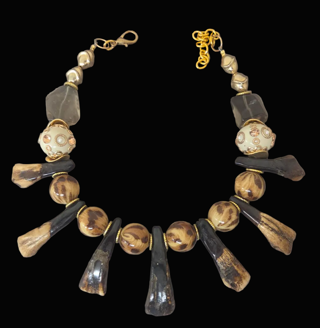 Leopard & Stained Buffalo Incisor Teeth Tribal Necklace - Androgynous