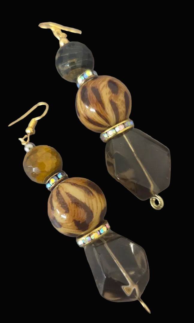 Brown Gemstone & Wild Leopard Beaded Dangle Pierced Earrings - Luxe