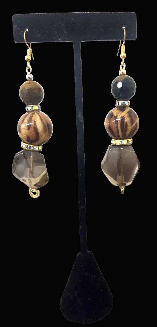 Brown Gemstone & Wild Leopard Beaded Dangle Pierced Earrings - Luxe