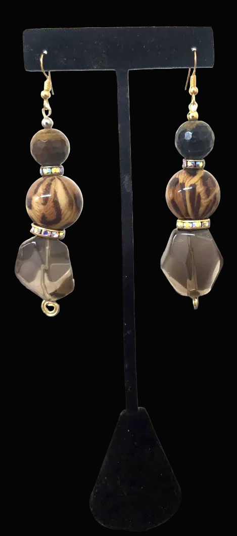 Brown Gemstone & Wild Leopard Beaded Dangle Pierced Earrings - Luxe