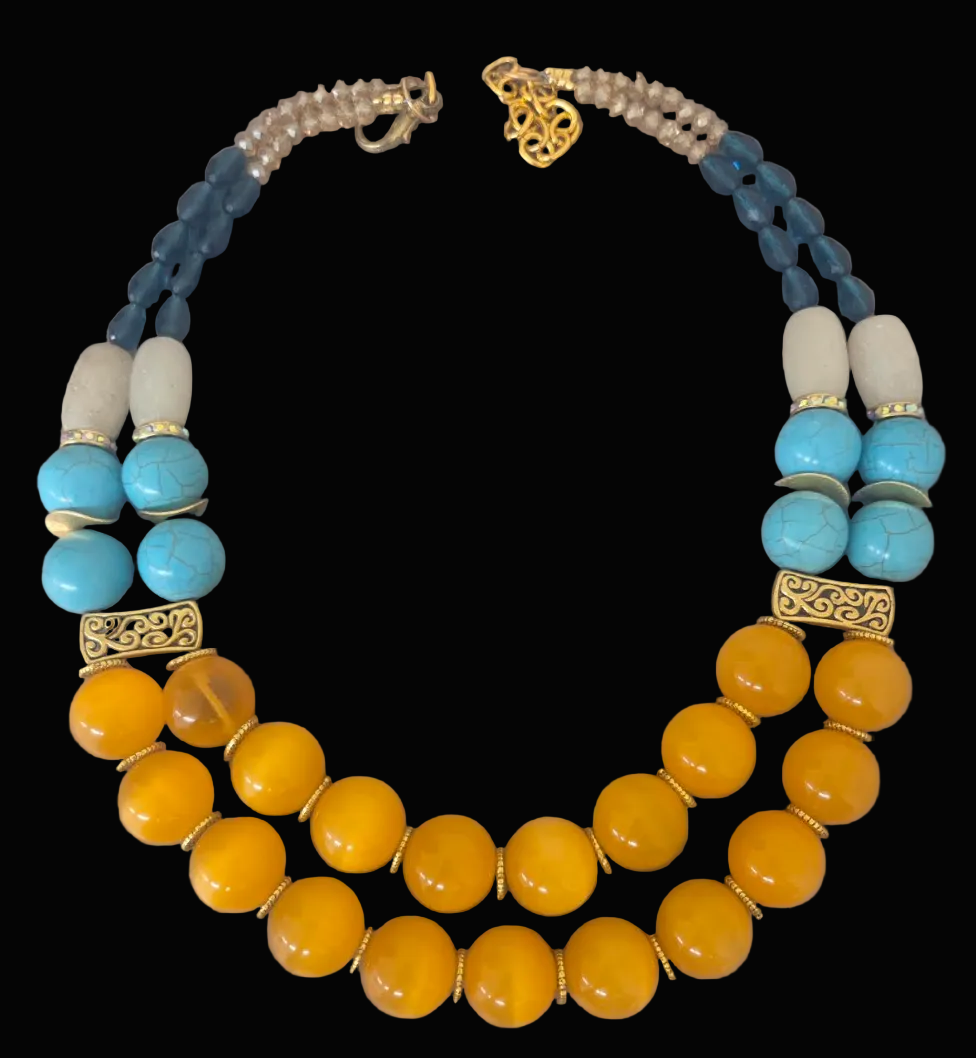 Double Strand Yellow Tiger's Eye & Mixed Media Beaded Necklace - Bold