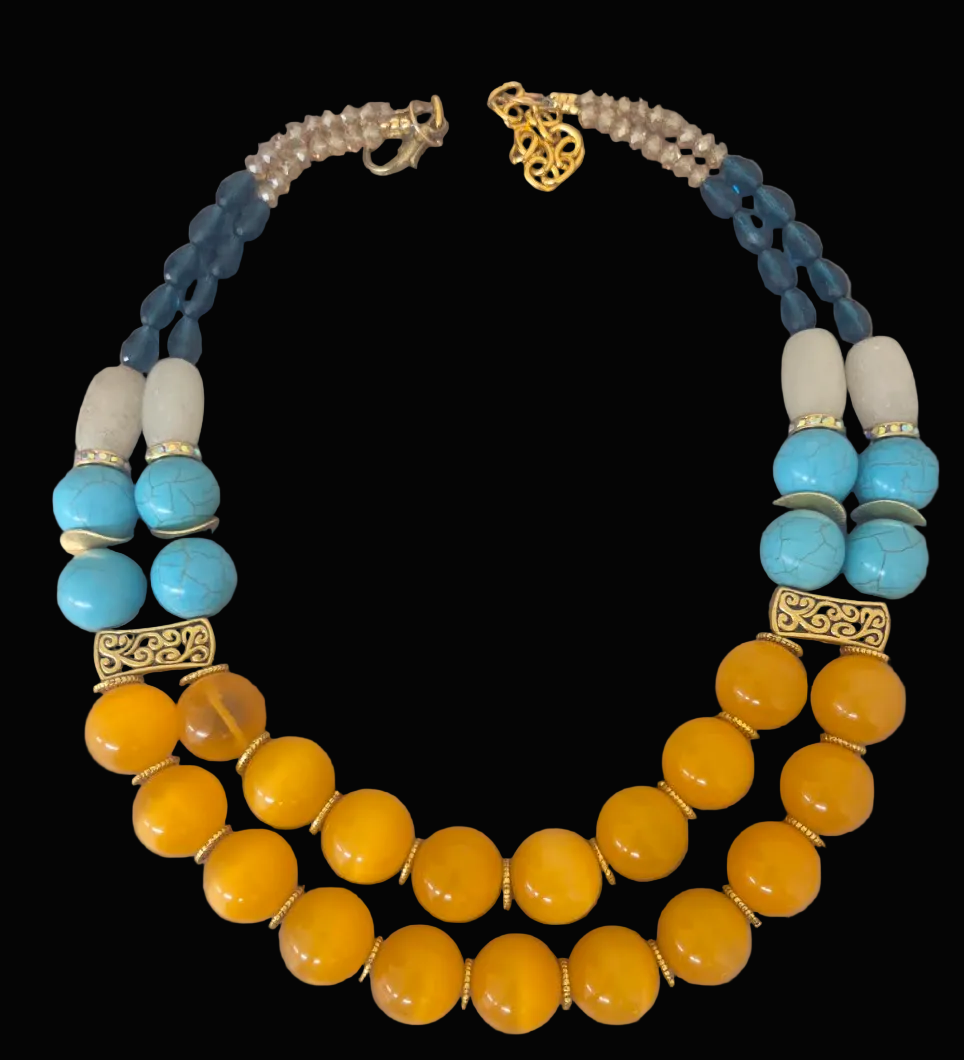 Double Strand Yellow Tiger's Eye & Mixed Media Beaded Necklace - Bold