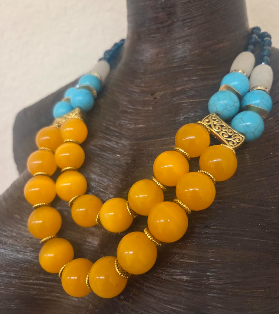 Double Strand Yellow Tiger's Eye & Mixed Media Beaded Necklace - Bold