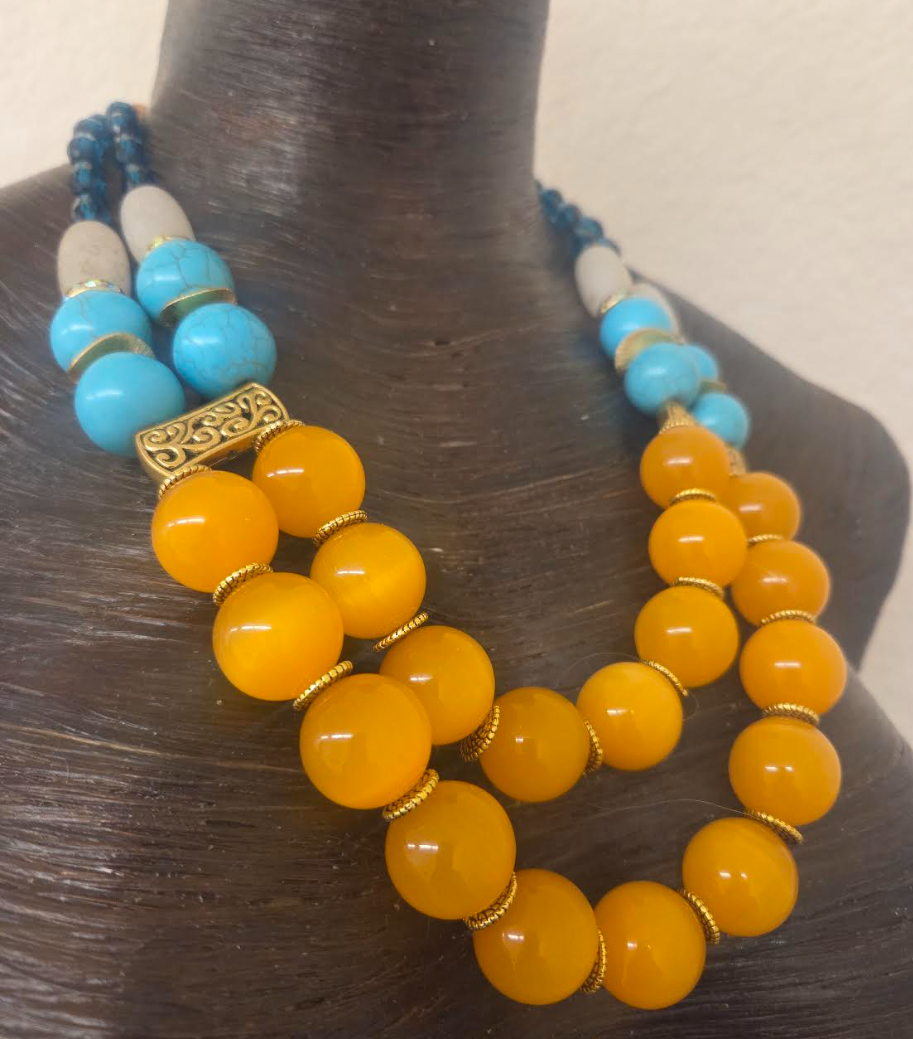 Double Strand Yellow Tiger's Eye & Mixed Media Beaded Necklace - Bold