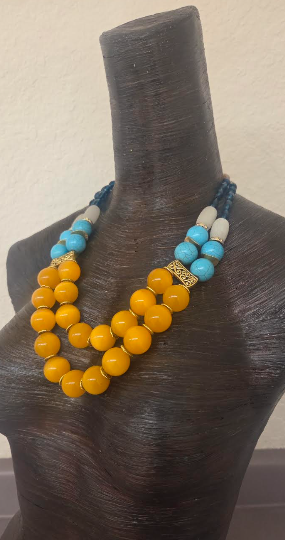 Double Strand Yellow Tiger's Eye & Mixed Media Beaded Necklace - Bold