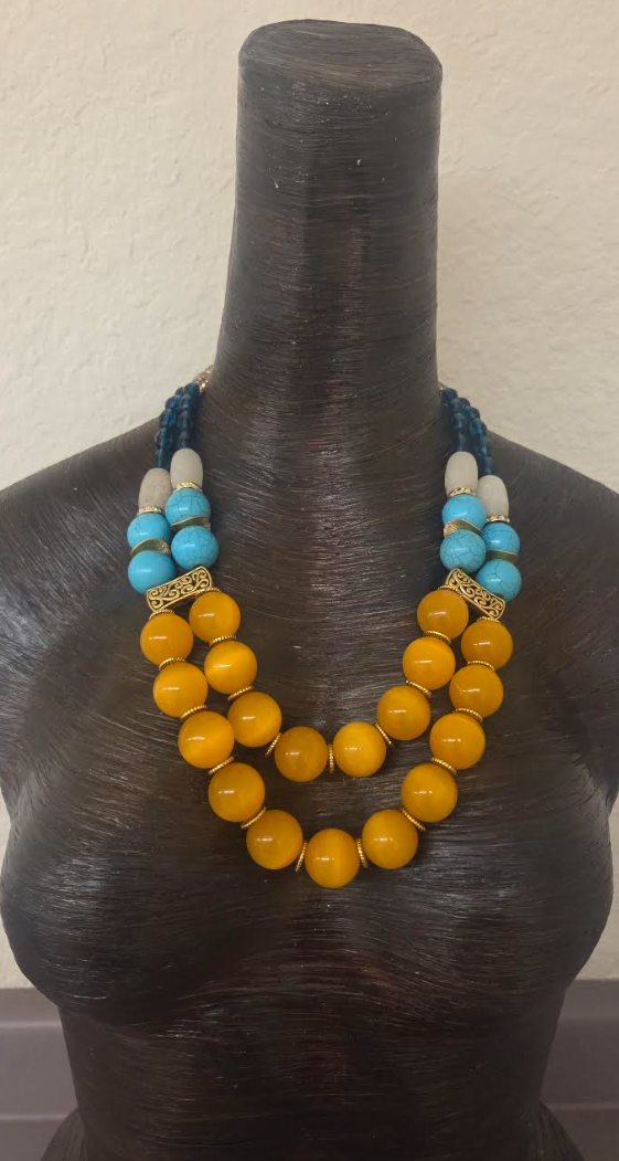 Double Strand Yellow Tiger's Eye & Mixed Media Beaded Necklace - Bold