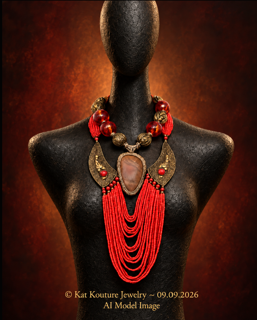 Luxury Tibetan Tribal Red Orange Beaded Statement Necklace Set - OOAK