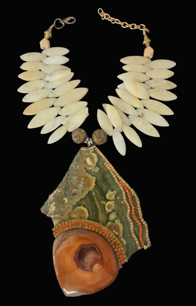 Rainforest Jasper Slab with Orange Druzy Agate Pendant Chest Piece
