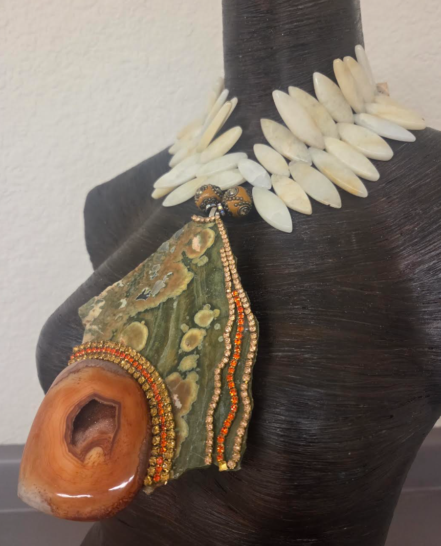 Rainforest Jasper Slab with Orange Druzy Agate Pendant Chest Piece