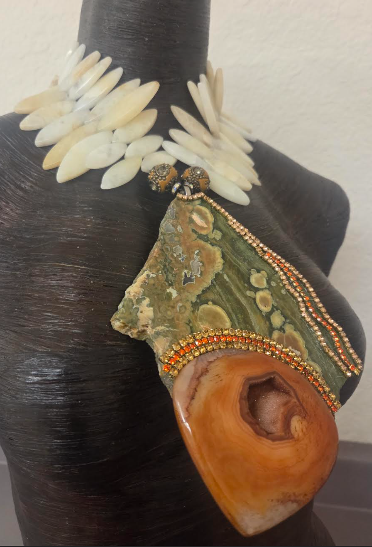 Rainforest Jasper Slab with Orange Druzy Agate Pendant Chest Piece