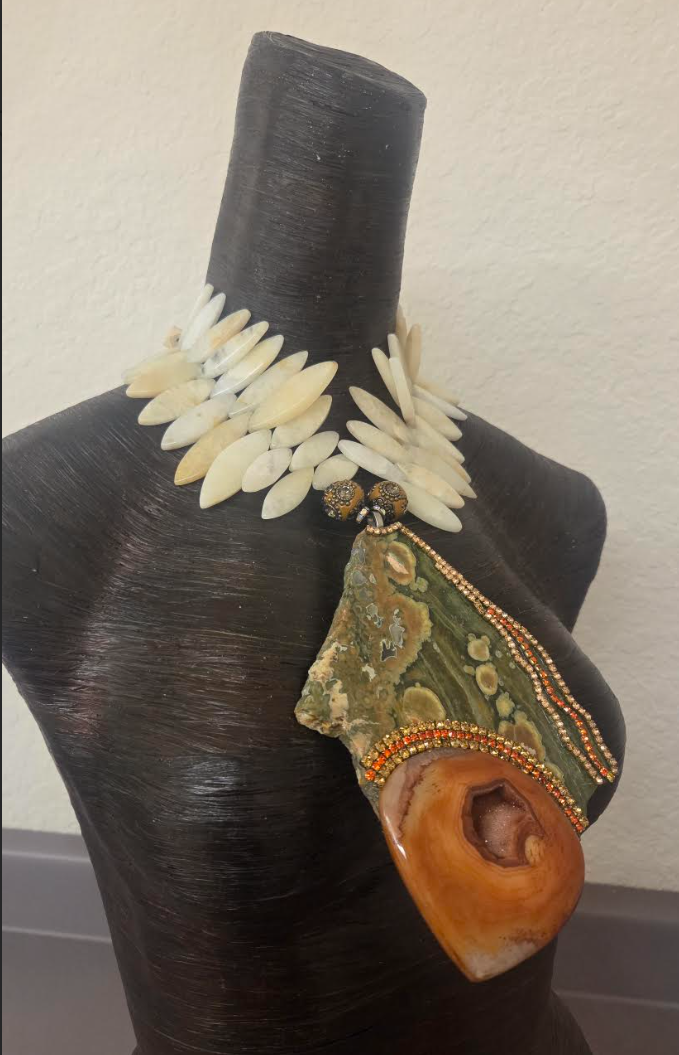 Rainforest Jasper Slab with Orange Druzy Agate Pendant Chest Piece