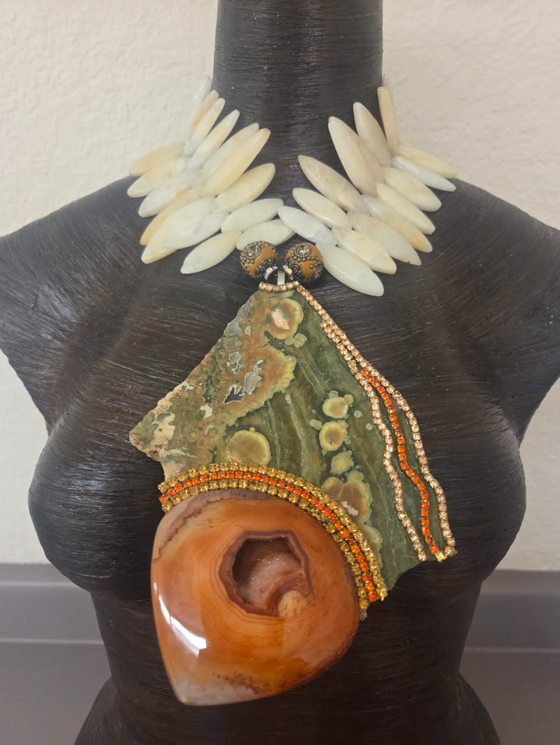 Rainforest Jasper Slab with Orange Druzy Agate Pendant Chest Piece