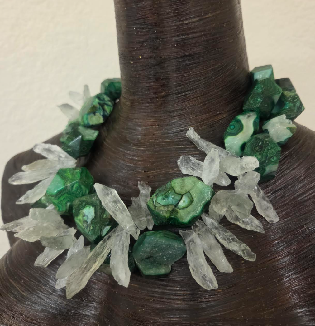 Green Crazy Lace Druzy Agate & Rough Quartz Shard Statement Necklace