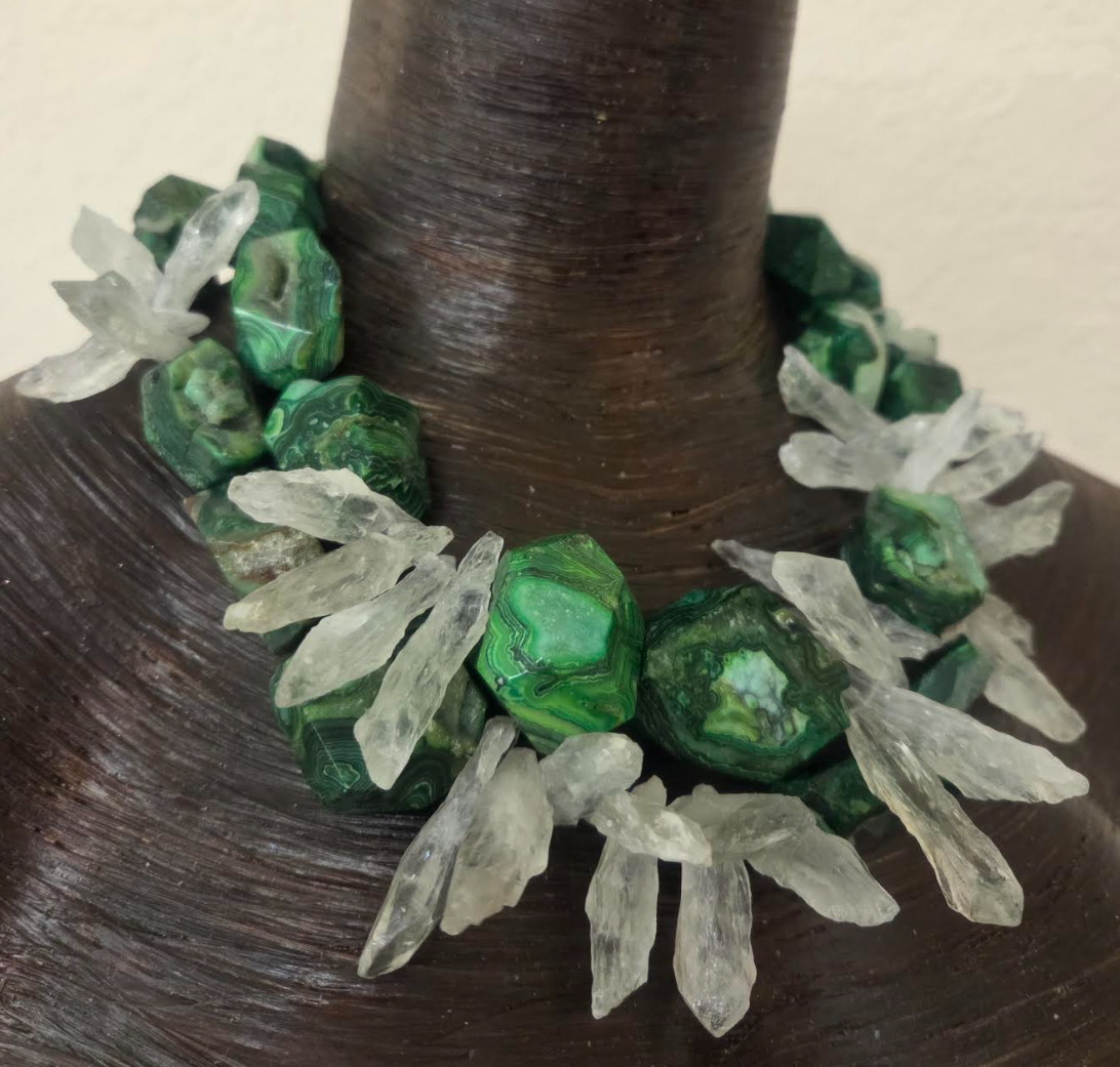Green Crazy Lace Druzy Agate & Rough Quartz Shard Statement Necklace