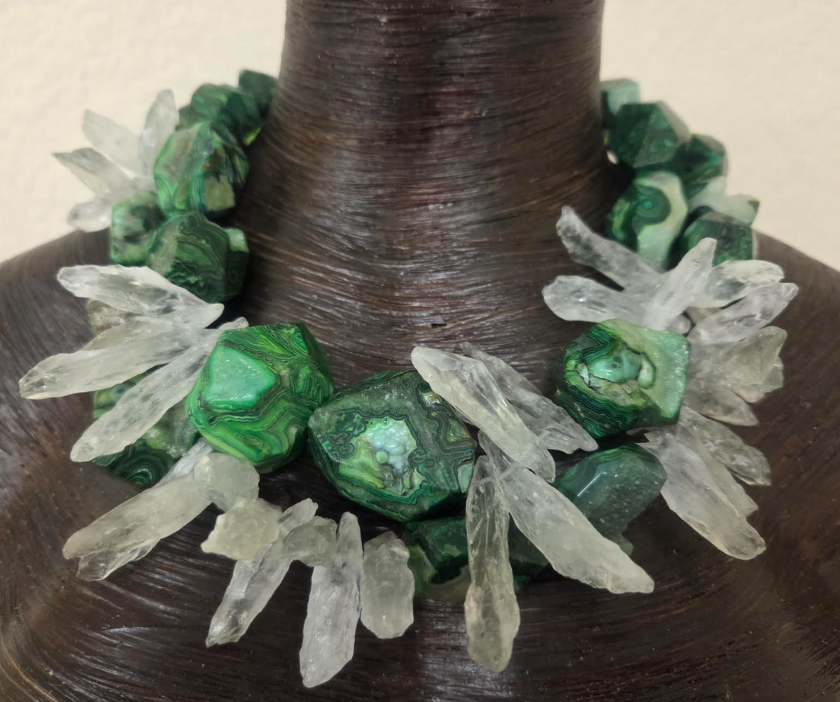 Green Crazy Lace Druzy Agate & Rough Quartz Shard Statement Necklace