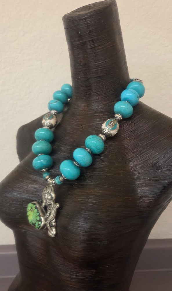 Blue Magnesite Rondelle Tribal Statement Necklace with Dragon Pendant