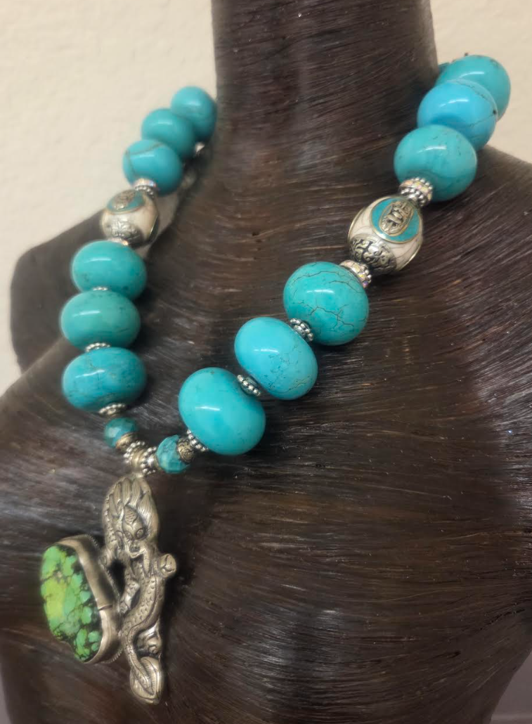 Blue Magnesite Rondelle Tribal Statement Necklace with Dragon Pendant