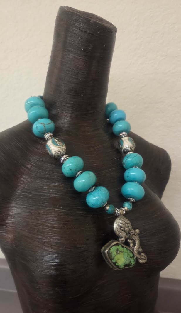 Blue Magnesite Rondelle Tribal Statement Necklace with Dragon Pendant