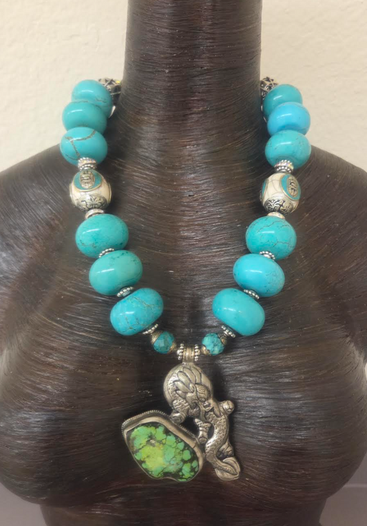 Blue Magnesite Rondelle Tribal Statement Necklace with Dragon Pendant