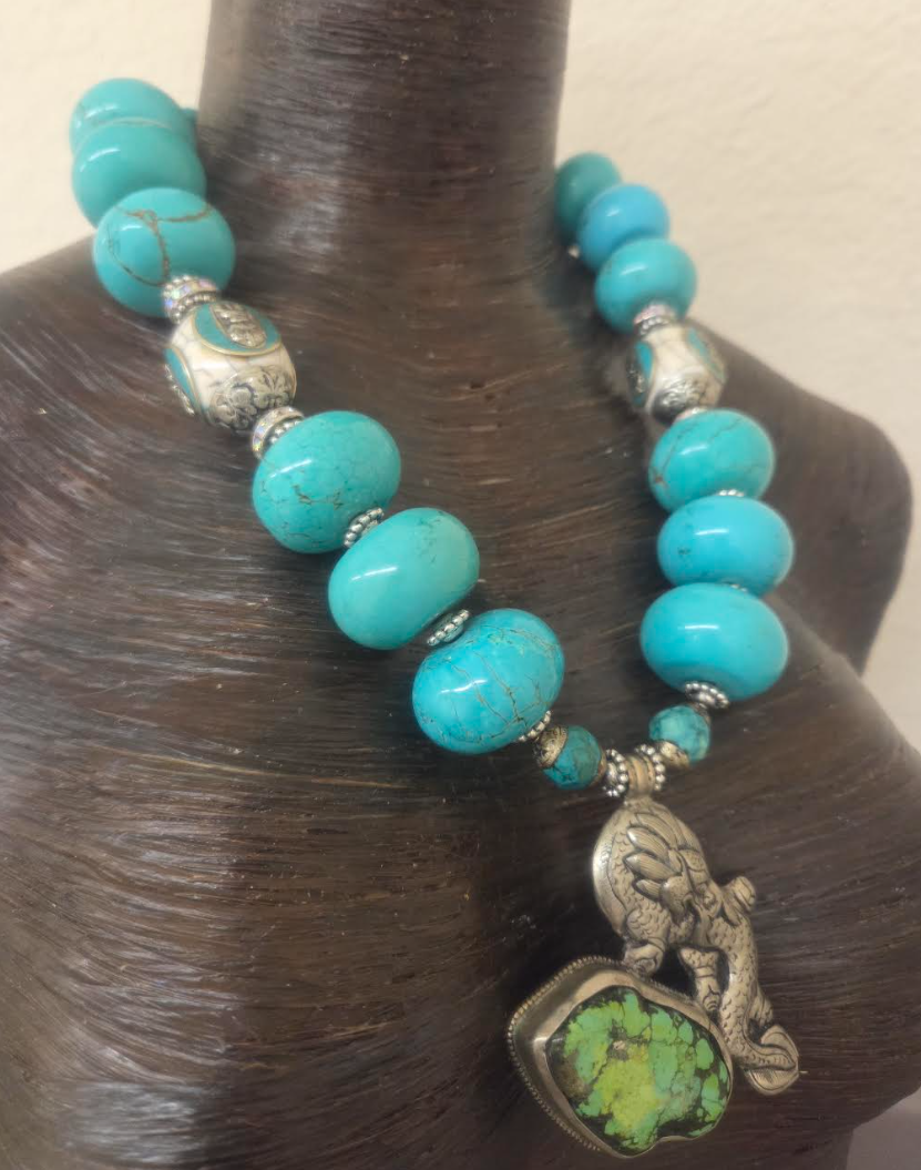Blue Magnesite Rondelle Tribal Statement Necklace with Dragon Pendant