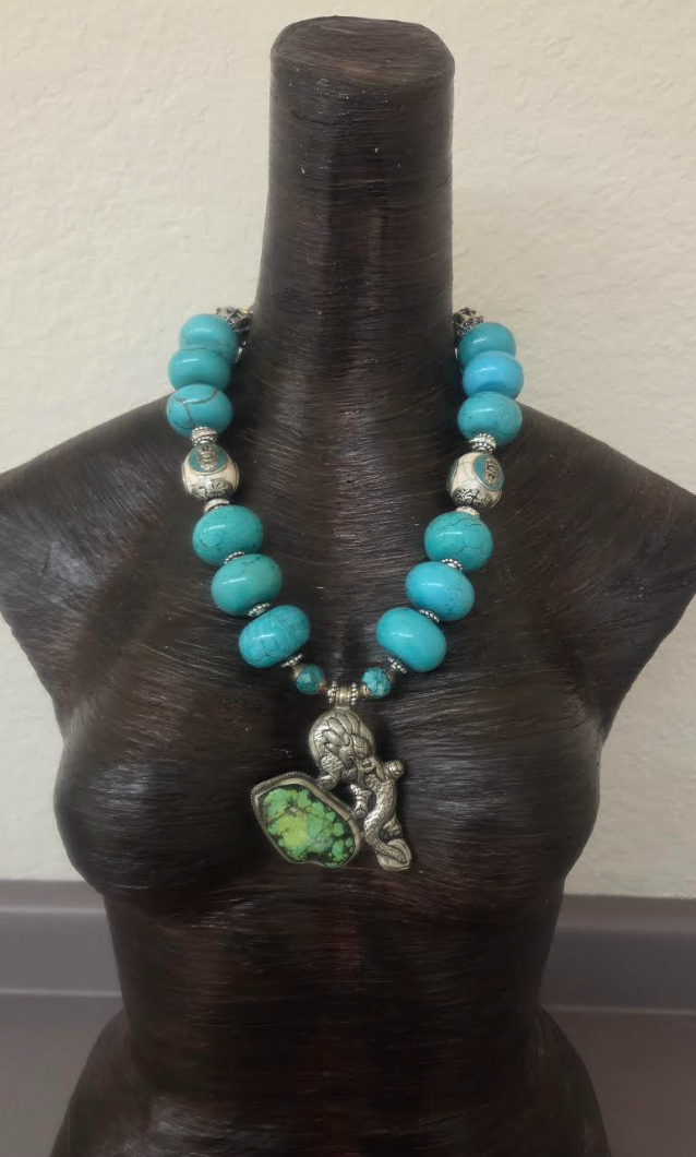 Blue Magnesite Rondelle Tribal Statement Necklace with Dragon Pendant