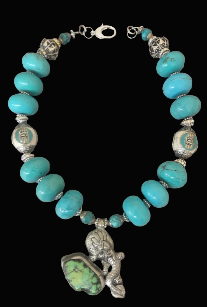 Blue Magnesite Rondelle Tribal Statement Necklace with Dragon Pendant